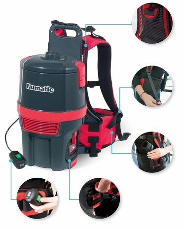 Numatic RSB150H-NX snoerloze ergonomische rugstofzuiger met batterij en  AA30E-kit